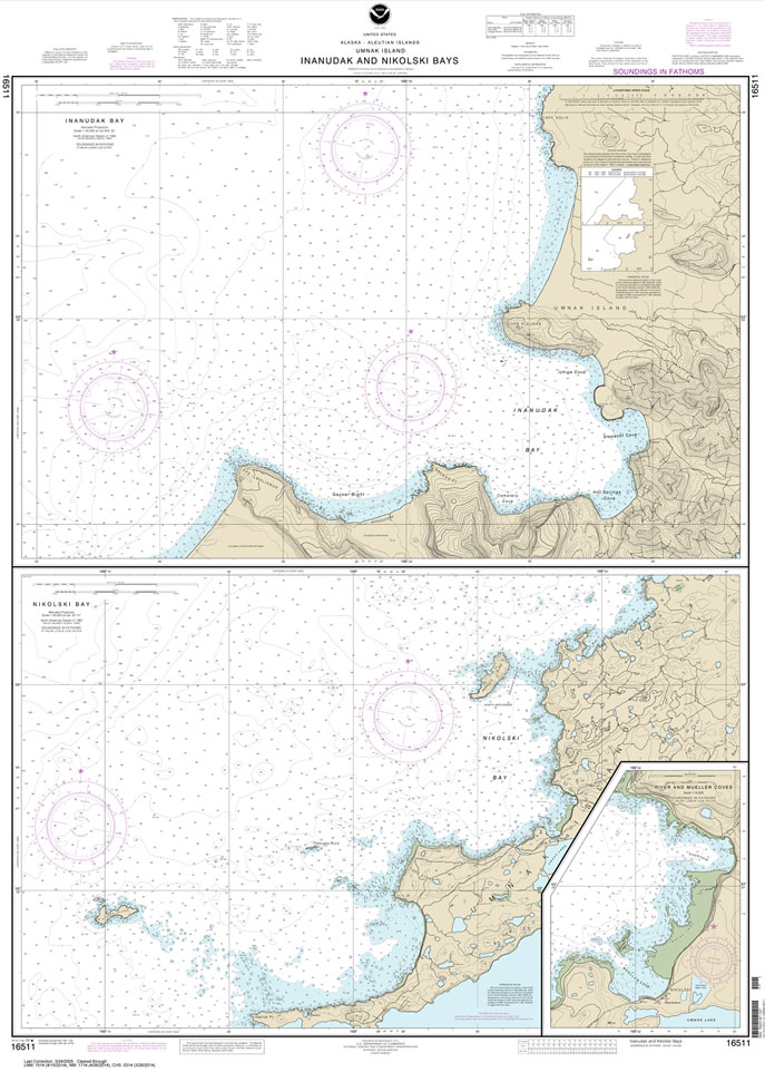 Inanudak Bay and Nikolski Bay: Umnak l.;River and Mueller Coves