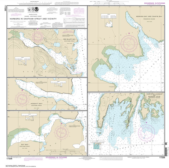 Harbors in Chatham Strait and vicinity Gut Bay: Chatham Strait;Hoggatt Bay: Chatham Strait;Red Bluff Bay: Chatham Strait;Herring Bay and hapin Bay: Frederick Sound;Surprise Hbr: and Murder Cove: Frederick Sound